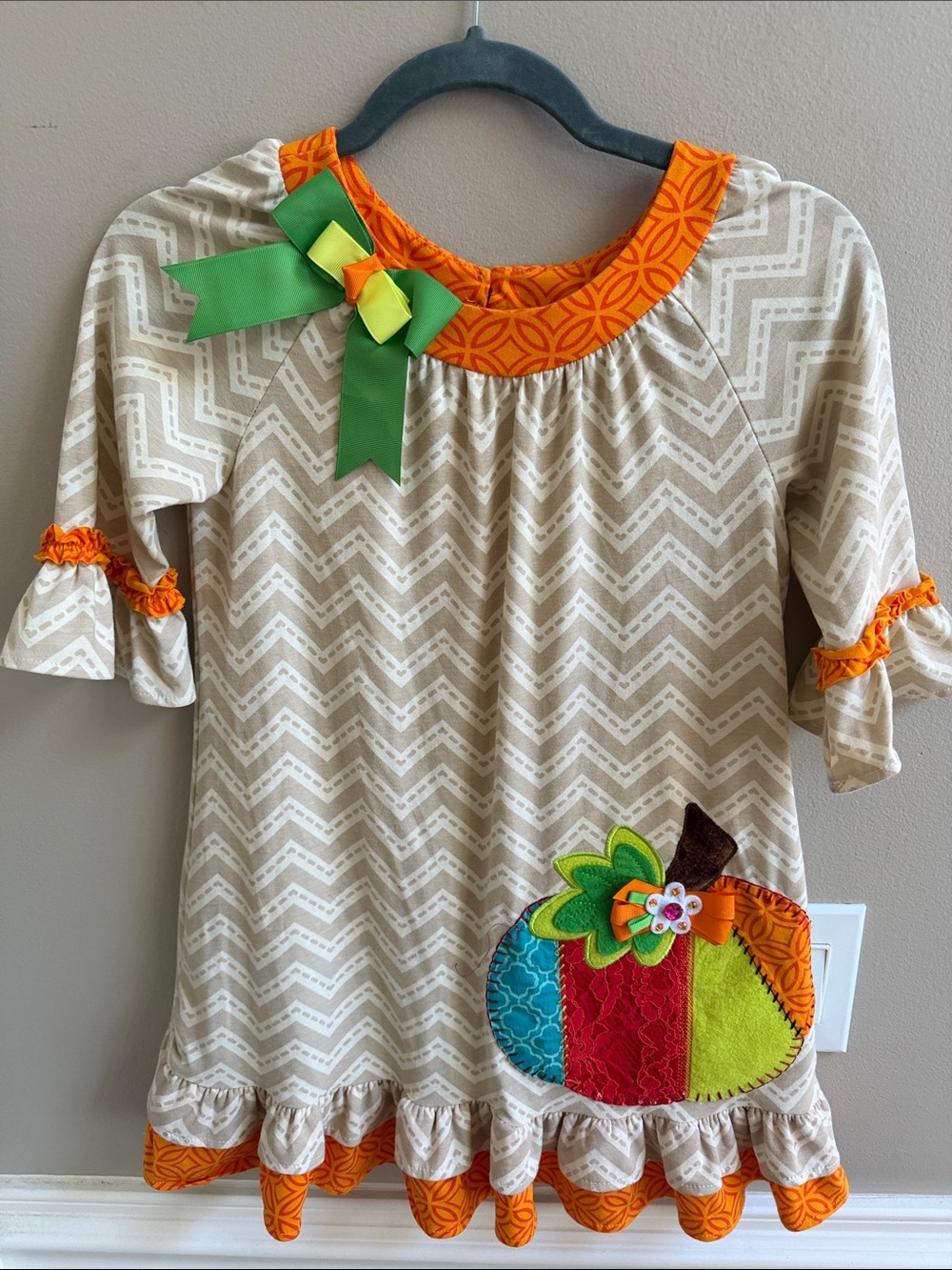 Rare Editions Girls Beige Chevron Pumpkin Appliqué Tunic Top/Dress Size 10